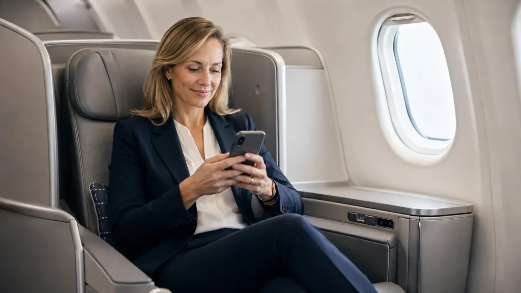 Woman business traveller seated in a premium aircraft cabin