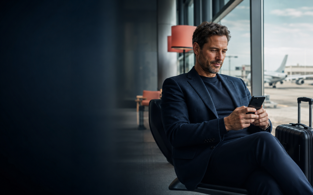Business traveller using a mobile phone at an airport