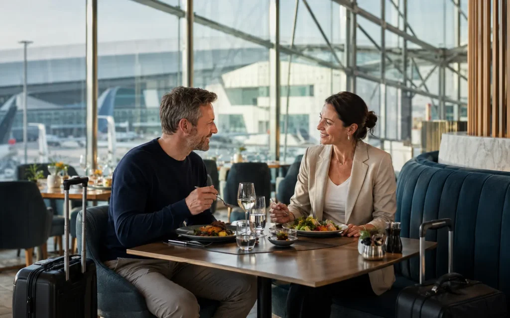 Business travellers dining at an airport restaurant