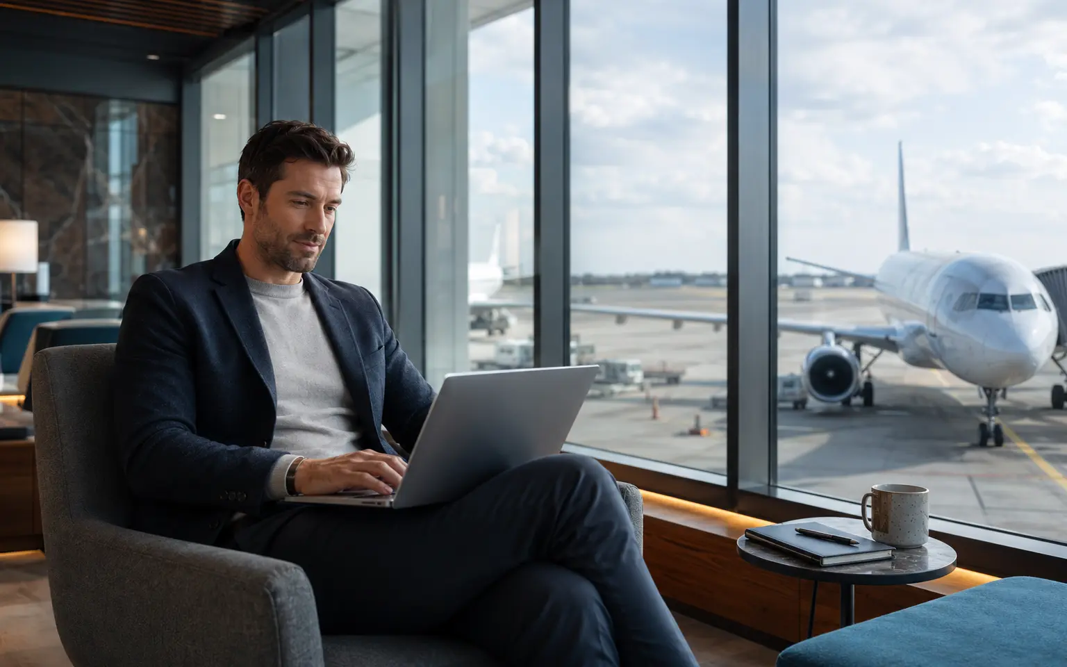 Business traveller working comfortably in a premium airport lounge