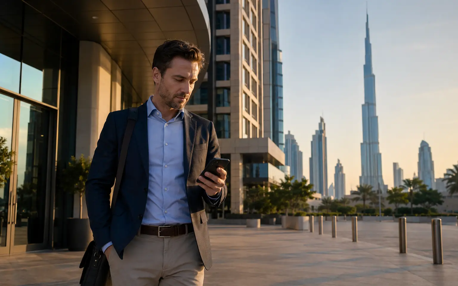 UK business traveller using a mobile phone in Dubai