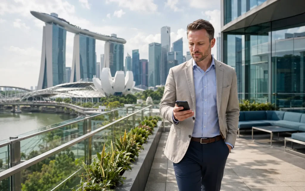 Business traveller using his protected mobile while working in Singapore