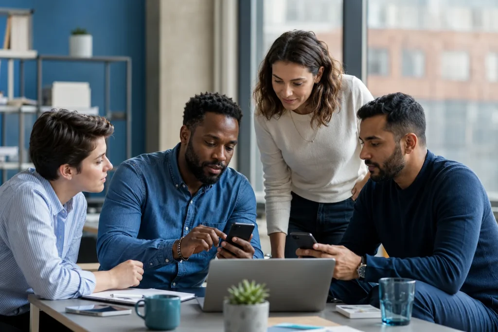 UK business team using mobile services